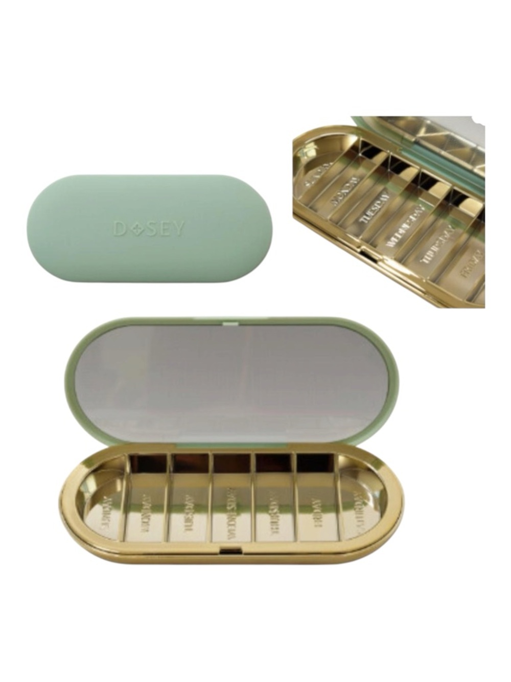 Dosey 7-Day Pill Compact Daily Container in Sage Green & Gold NWT